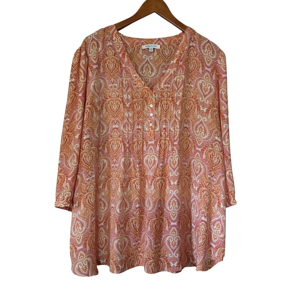 Rose + Olive Blouse Womens Plus 3X Orange V Neck 3/4 Sleeve Paisley Tunic Top